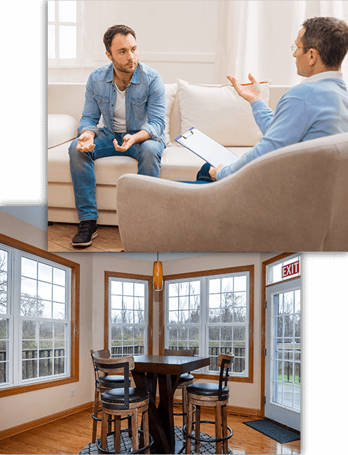 Four pictures of a man sitting in a living room, possibly depicting his journey through an outpatient program at a men's only rehab center.