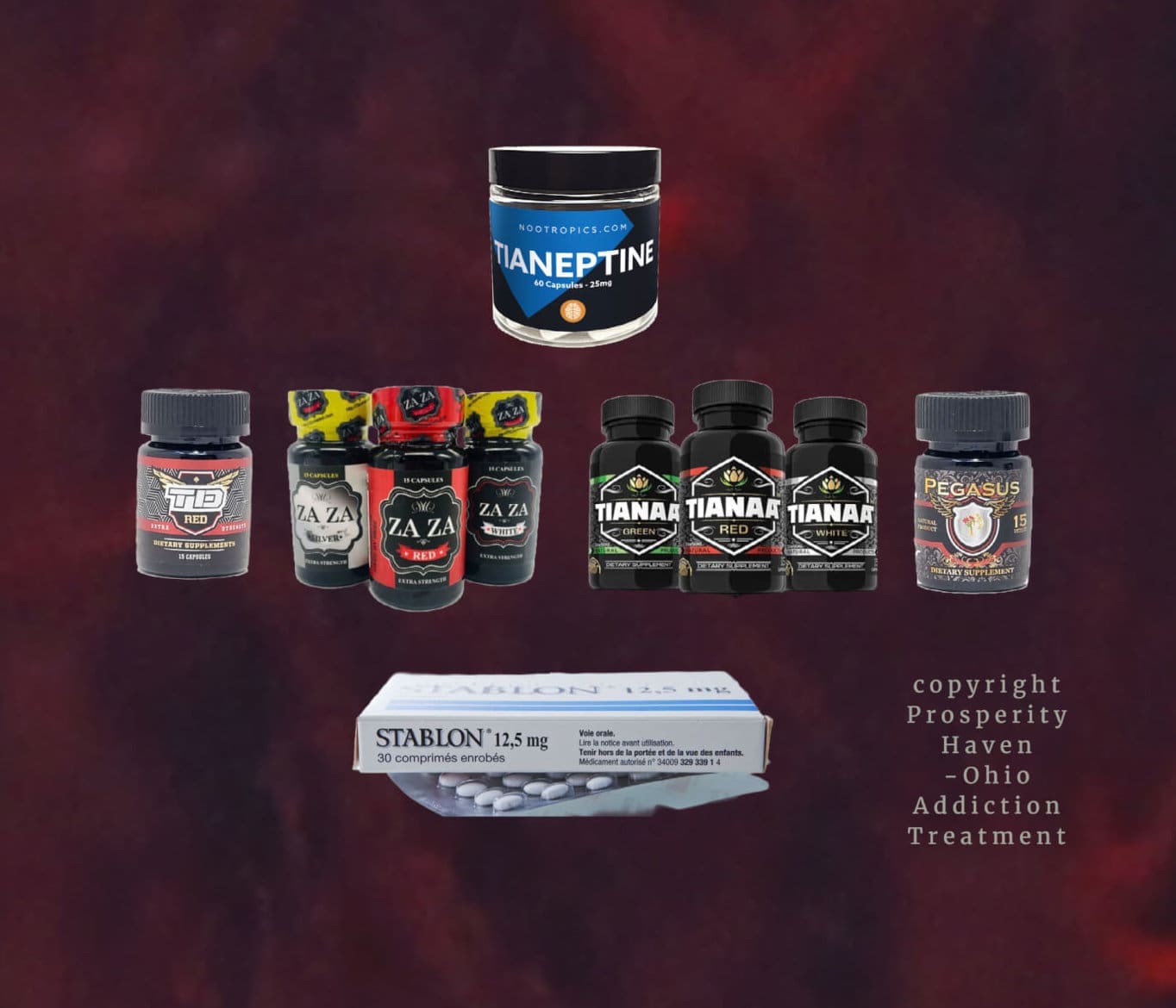 A package of various supplements on a red background, specifically designed for rehab and inpatient treatment.