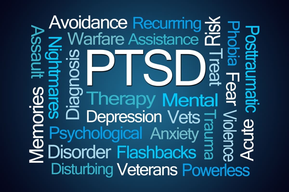 A blue background with a PTSD word cloud.