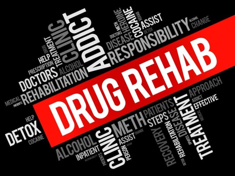 Inpatient drug rehab word cloud on a black background.