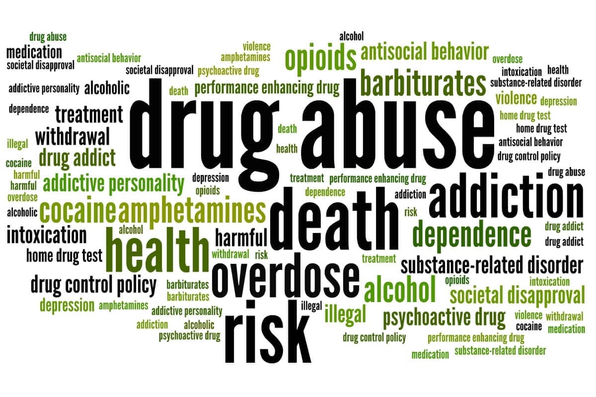 A word cloud highlighting the devastating effects of drug abuse, including death and overdose. Additionally, it emphasizes the importance of seeking help through rehab or a drug detox center.